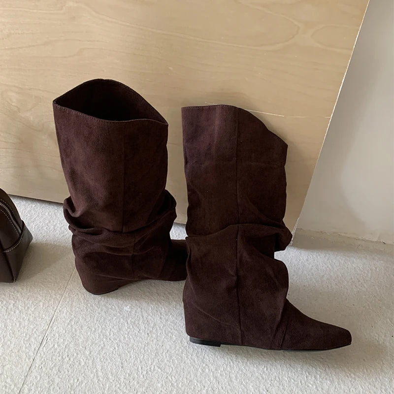 Flats Women's Boots Pointed Toe Designer Mid Calf Shoes Winter 2025 Fad Chelsea Boots New Trend Gladiator Walking Mujer Botas