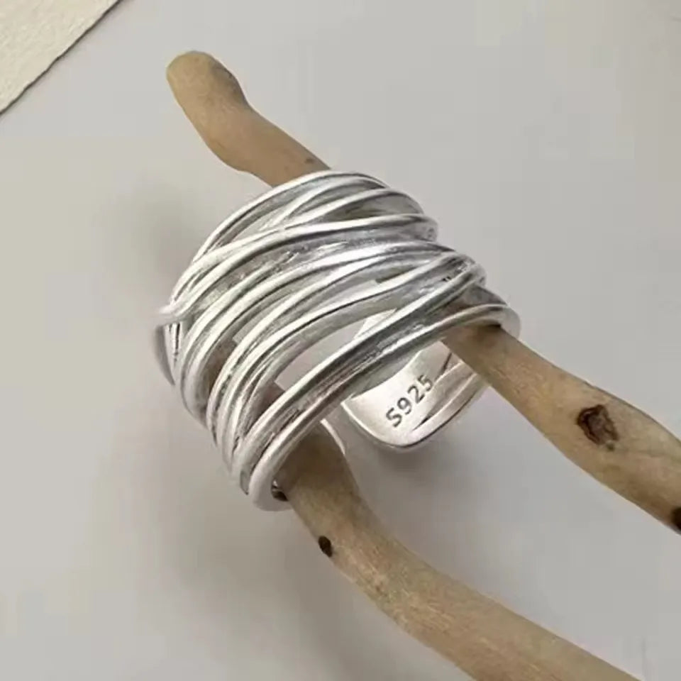 Real 925 Sterling Silver Retro Round Geometric Ring For 2 Rings Women Chain Vintage Fine Jewelry Minimalist Accessories Gift