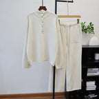 Pant Set Women Two Piece Sets Stand Collar Full Sleeve Knit Tops Wide Leg Long Pants Lace Up Elastic Waist Y2k Streetwear