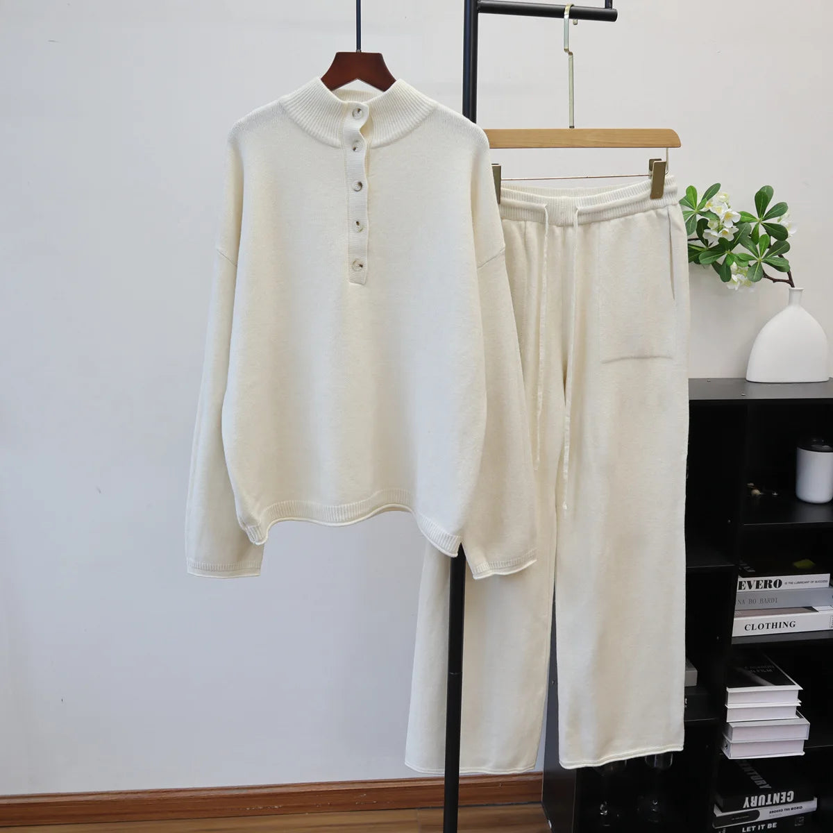 Pant Set Women Two Piece Sets Stand Collar Full Sleeve Knit Tops Wide Leg Long Pants Lace Up Elastic Waist Y2k Streetwear