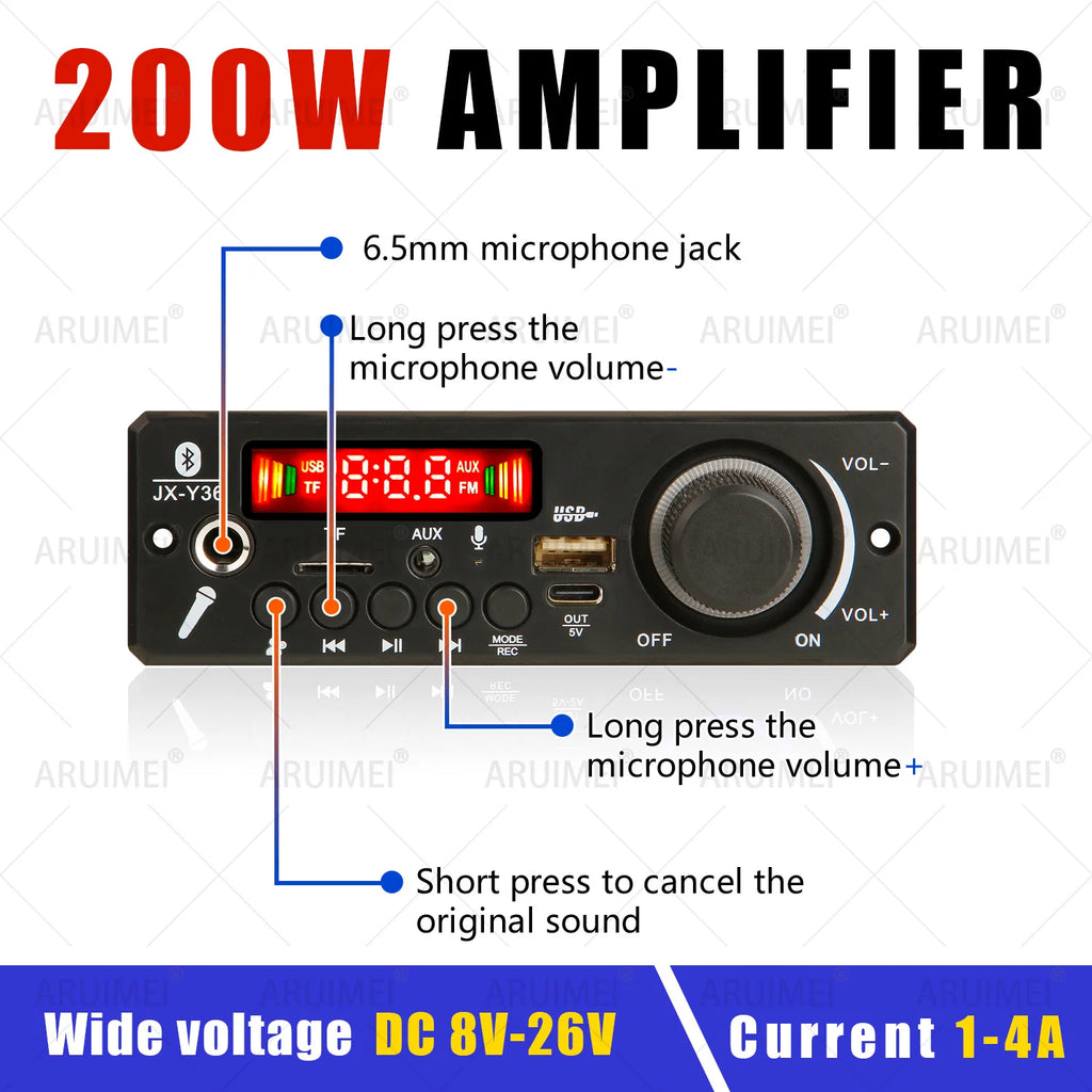 Handsfree 200W Amplifier Bluetooth DIY MP3 Decoder board 12V Wireless Car MP3 Player Record USB TF AUX FM Radio Folder Switching