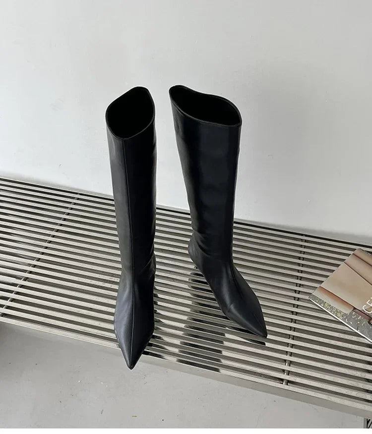 Pointed Toe Women High Boots Leather Fashion Sexy Heels Shoes Woman Trend New Snow Boots Low Heels Elegant Goth Mujer Botas