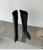 Pointed Toe Women High Boots Leather Fashion Sexy Heels Shoes Woman Trend New Snow Boots Low Heels Elegant Goth Mujer Botas