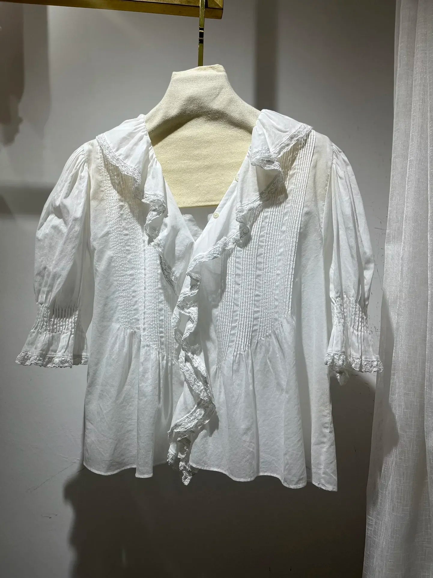 Lace Stitching Women's Pleated Blouse Summer Ruffles Edge V-Neck Puff Sleeve Casual Female Shirt