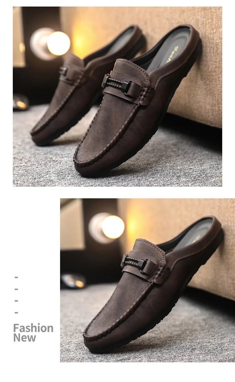 Men Half Slippers 2025 Summer Breathable Mens Casual Shoes Comfortable Walking Loafers Moccasins PU Leather Men Fashion Slippers