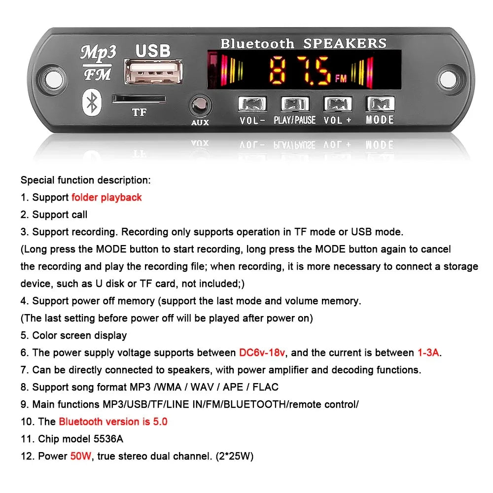 Handsfree 50W amplifier MP3 Decoder Board Color Screen DC 12V Bluetooth V5.0 Car MP3 Player USB Recording Module FM AUX Radio