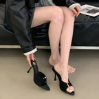 Women's High Heels Slippers Pointed Toe Metal Decoration Thin Heels Shoes Women Dress Fashion Korean Style Zapatillas De Mujer