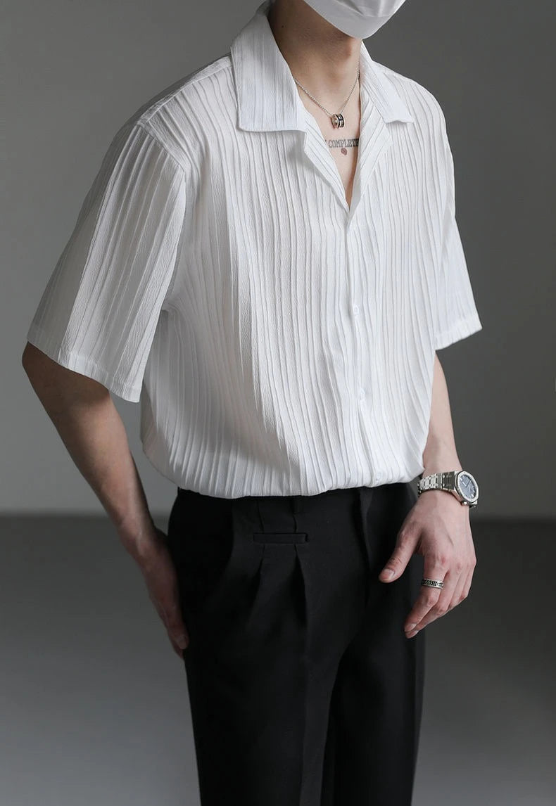 Men's Shirt Black Loose Short Sleeve Male Shirts Designer with Collar High Quality Luxury Sleeves Silk New in Vintage Slim Fit