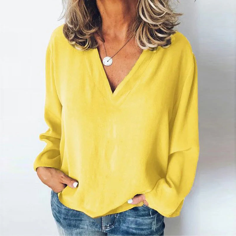 Women's Stitching Shirt Loose Stitching V-neck Long Sleeve Pullover Chiffon Shirt Fall Top Simple Elegant Street Blouse