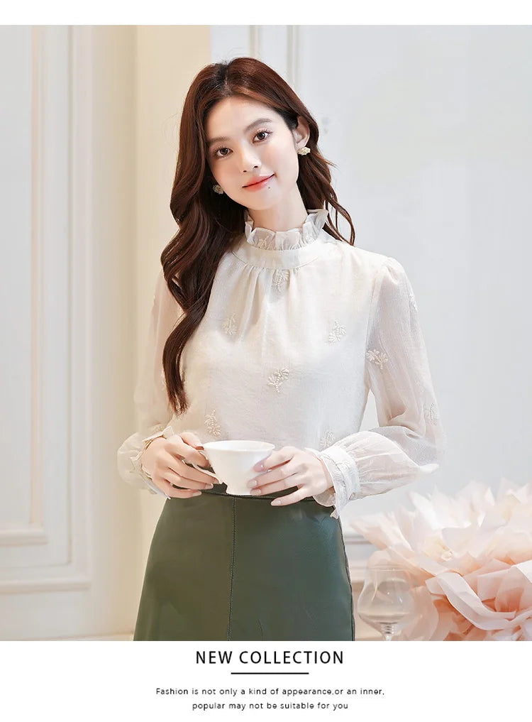 Women Blouse Shirt New Long Sleeve Ruffled Collar Elegant Embroidery Blouse Shirt Women Tops Blouses Shirts Blusas Camisas Q770