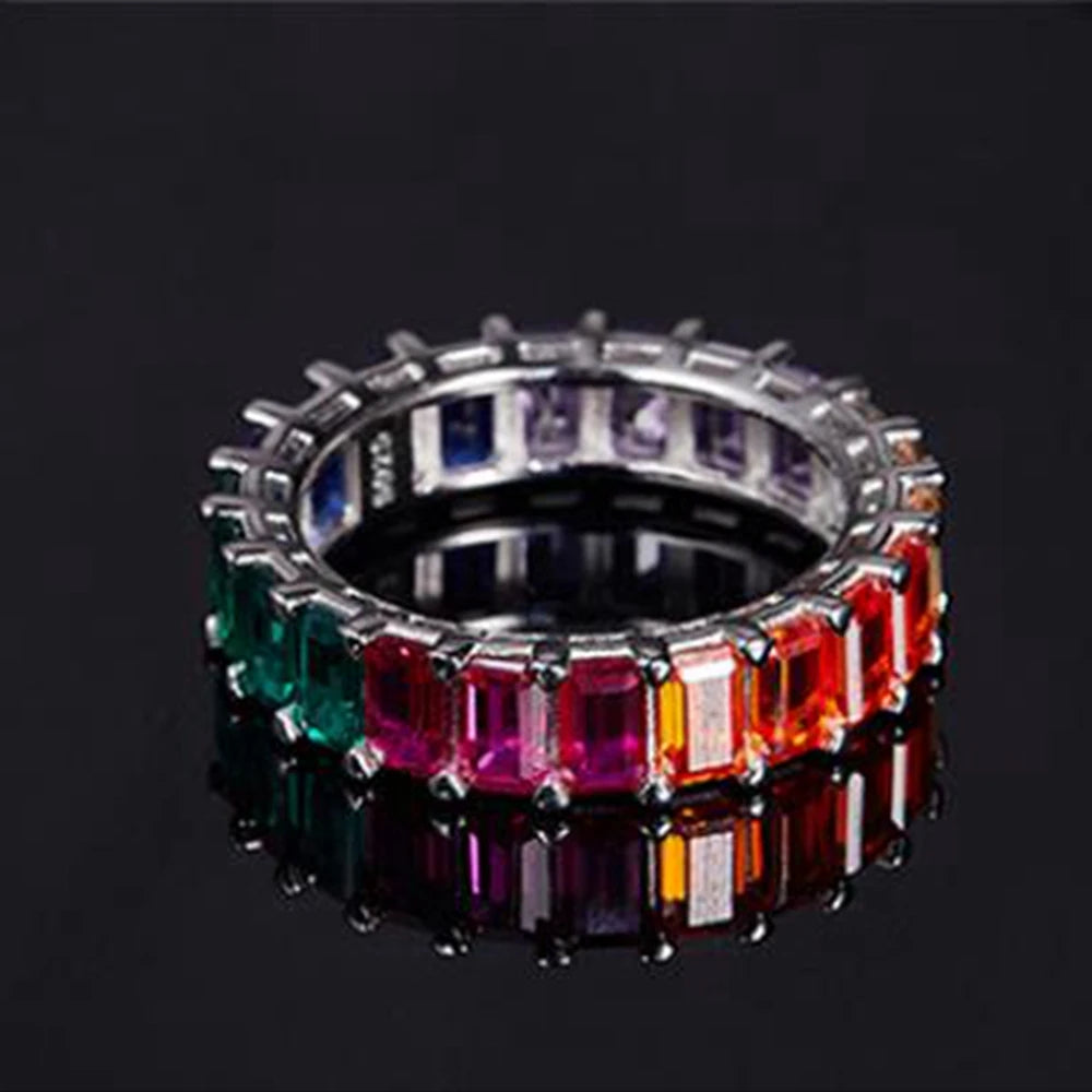 Wong Rain 925 Sterling Silver Emerald Cut 3*4 MM Lab Sapphire Gemstone Wedding Party Row Rings Fine Jewelry Band Gifts Wholesale