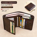Men's Wallets RFID Blocking Genuine Leather Trifold Business Short Purse Wallet for Men with ID Window and Credit Card Holder