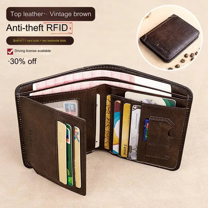 Men's Wallets RFID Blocking Genuine Leather Trifold Business Short Purse Wallet for Men with ID Window and Credit Card Holder