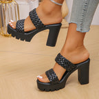 Women High Heels Sandals Fashion Weave Thick Heel Slippers Square Toe Summer Casual Ladies Slides Slip on Beach Sexy Shoes Woman