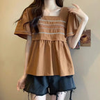 Women's Clothing Folk Embroidery Shirt Casual Loose Stylish Folds Hollow Out Summer Short Sleeve Elegant Square Collar Blouse