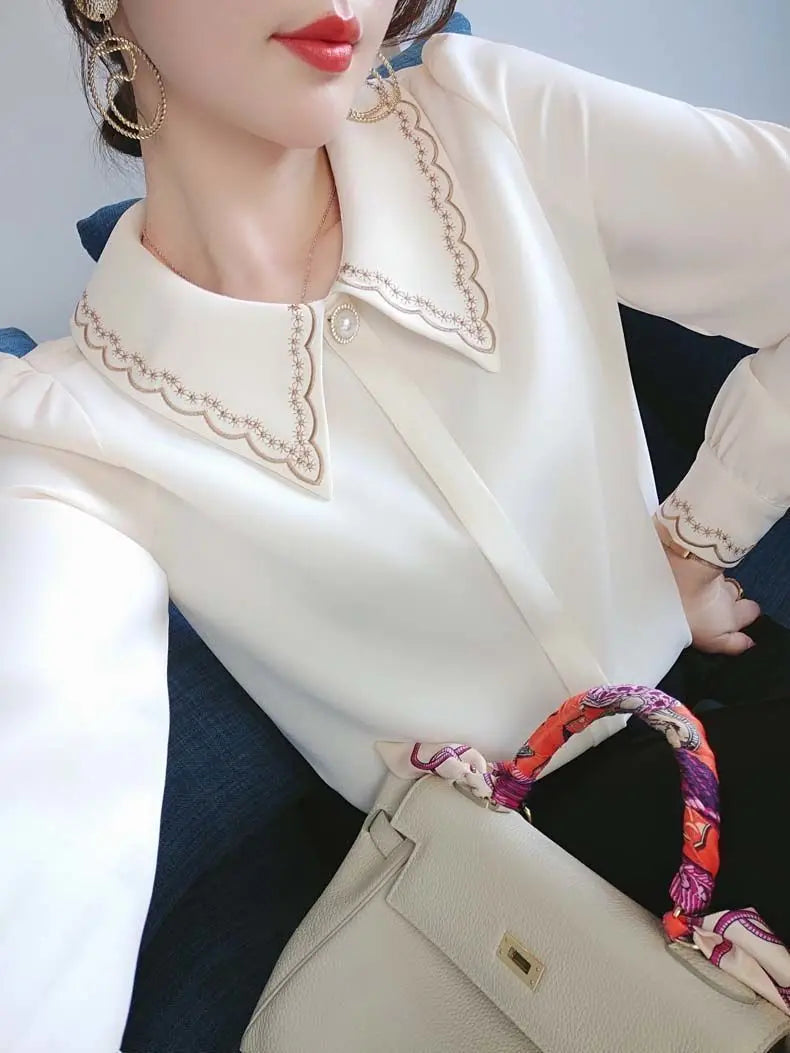 Women Embroidery Beaded Chic Luxury Design Shirts Spring Autumn Fashion Office Lady Blouse Solid Long Sleeve Tops Elegant Blusas