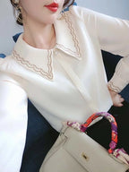 Women Embroidery Beaded Chic Luxury Design Shirts Spring Autumn Fashion Office Lady Blouse Solid Long Sleeve Tops Elegant Blusas