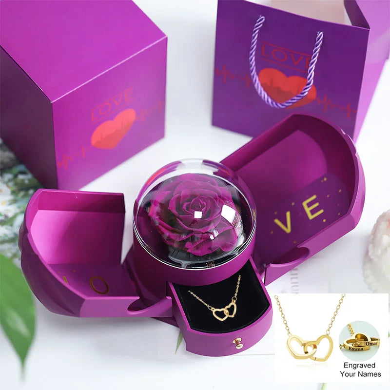 Christmas Custom Name Heart Necklace Creative Castle Double Door Jewelry Box Eternal Rose for Girl Wife Valentine's Day Gifts