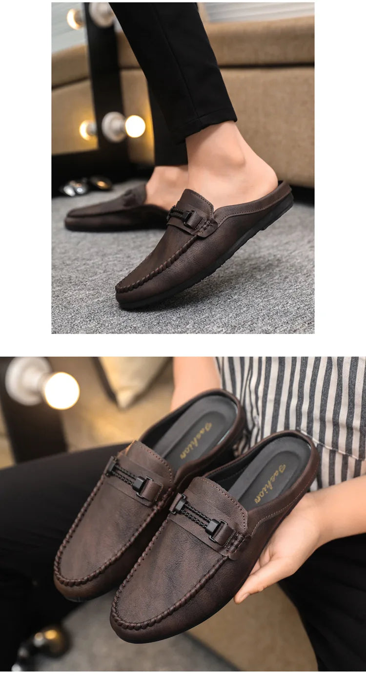 Men Half Slippers 2025 Summer Breathable Mens Casual Shoes Comfortable Walking Loafers Moccasins PU Leather Men Fashion Slippers