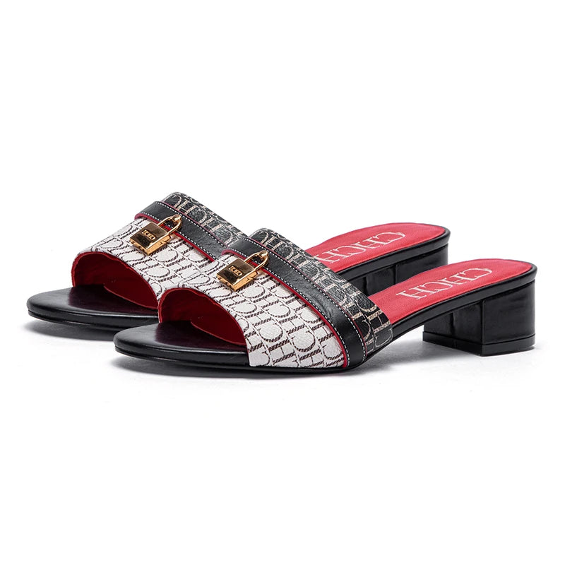 Women's Slippers 2025 Luxury Brand New Retro Design Mid Heel Red Black Slippers Casual Shoes