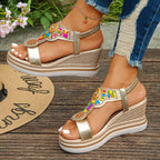 Women Sandals Bohemian Style Wedge Sandals Summer Thick Sole Non Slip Beach Shoes Woman Colorful Bead Chunky Platform Sandals