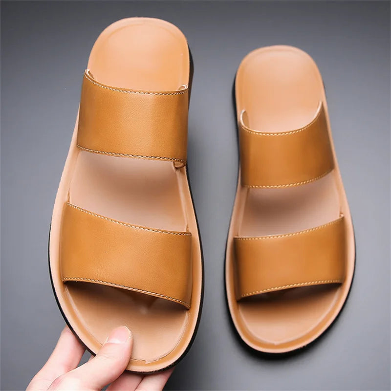 Slippers for Men Luxury Brand Leather Casual Slippers 2025 Summer New Beach Slippers for Men Non Slip Flat Sandals Large Size48