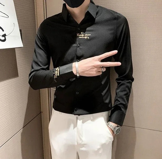 Shirts For Men Long Sleeve Embroidery White Man Shirt Social Cheap Things With Vintage Sleeves Slim Fit Sale Fashion 2025