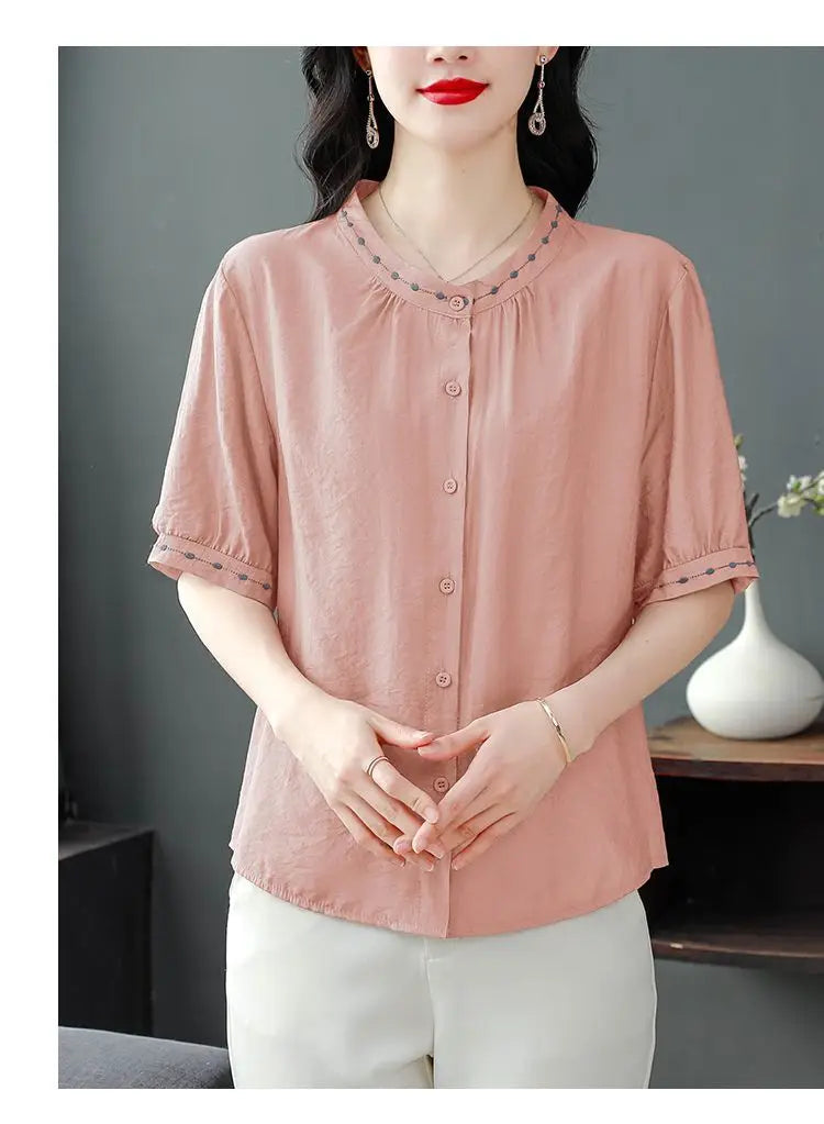 Embroidered Blouse Women Short Sleeve Summer Loose Slimming Top