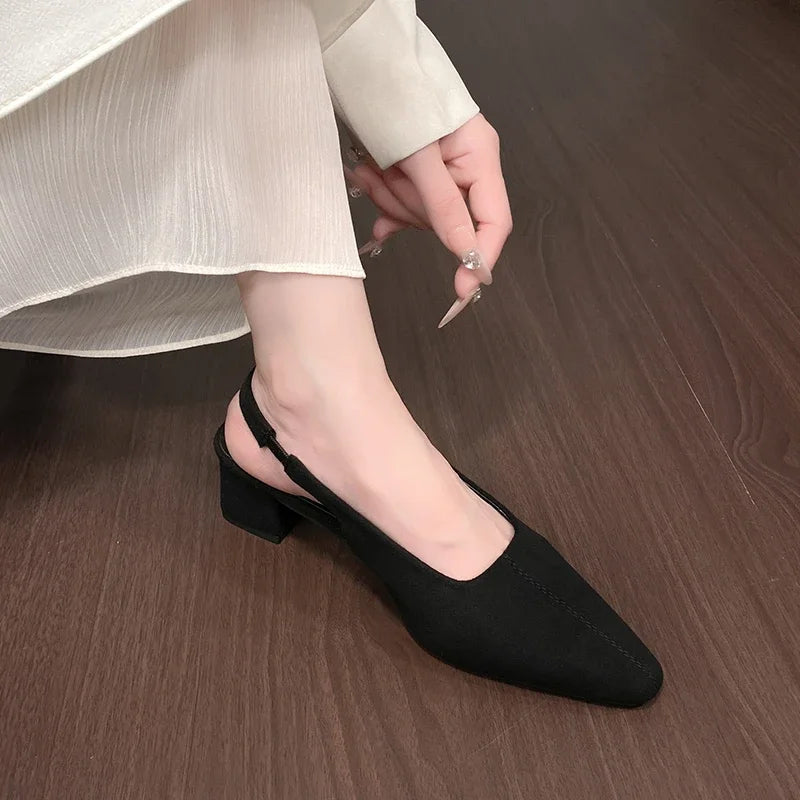 Women's summer sandals, fashionable suede design, sexy pointed-toe women's formal shoes, comfortable square-heeled women's shoes