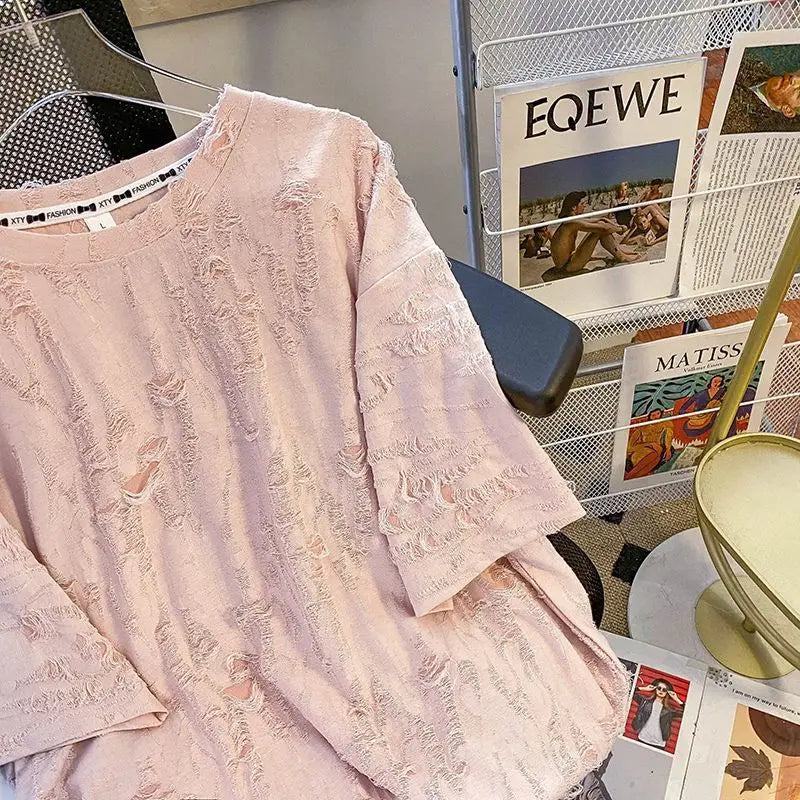 Embroidered Holes Short Sleeve T-Shirt Women Summer New Top