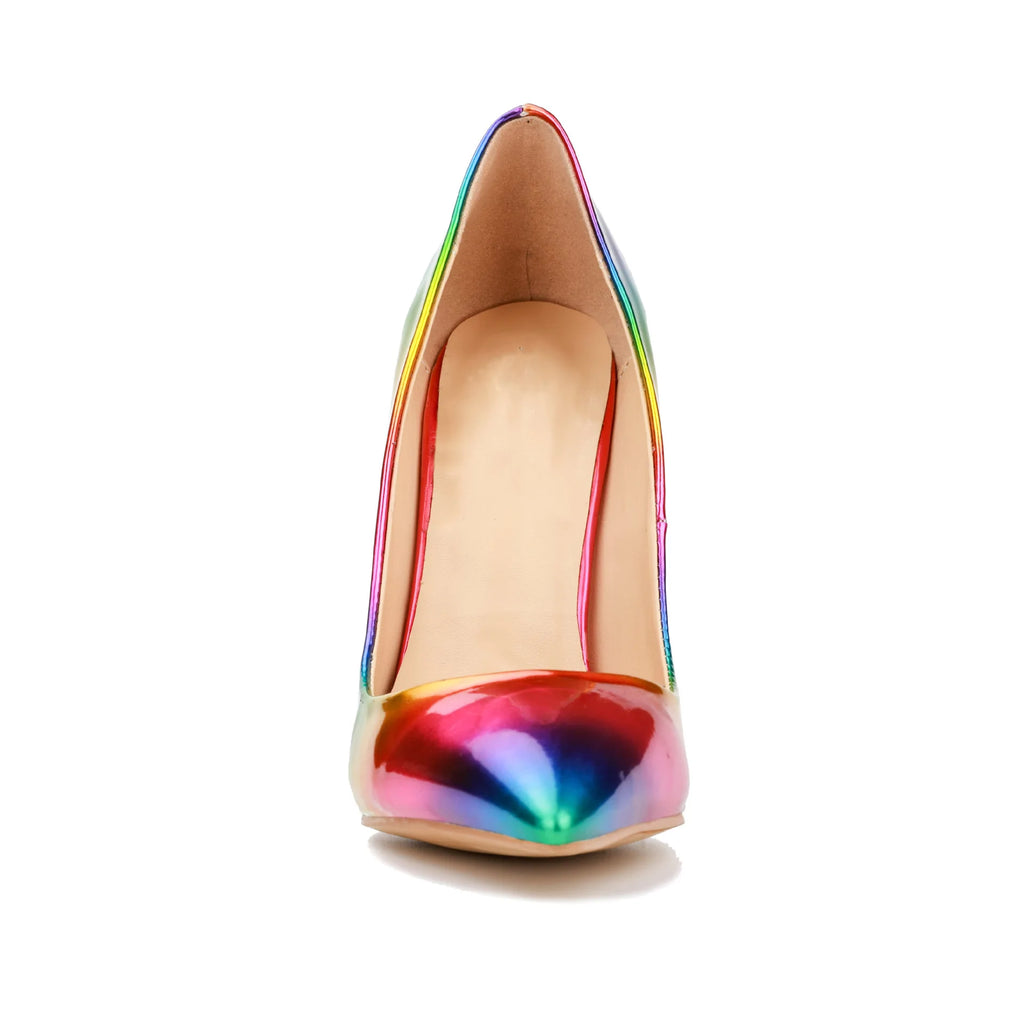 Brand Women High Heels 8-12CM Fashion Iridescent Pointed Toe Single Shoes Woman Thin Heel Summer Glossy Colorful Leather Pumps