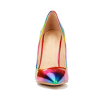 Brand Women High Heels 8-12CM Fashion Iridescent Pointed Toe Single Shoes Woman Thin Heel Summer Glossy Colorful Leather Pumps