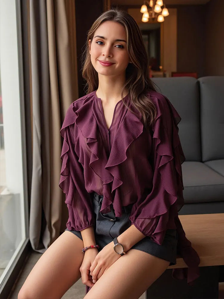 HH Women Ruffles Tierred Thin Blouses Solid Elegant Woman V Neck Long Sleeve Shirt 2025 Fashion High Street Lady Chic Tops