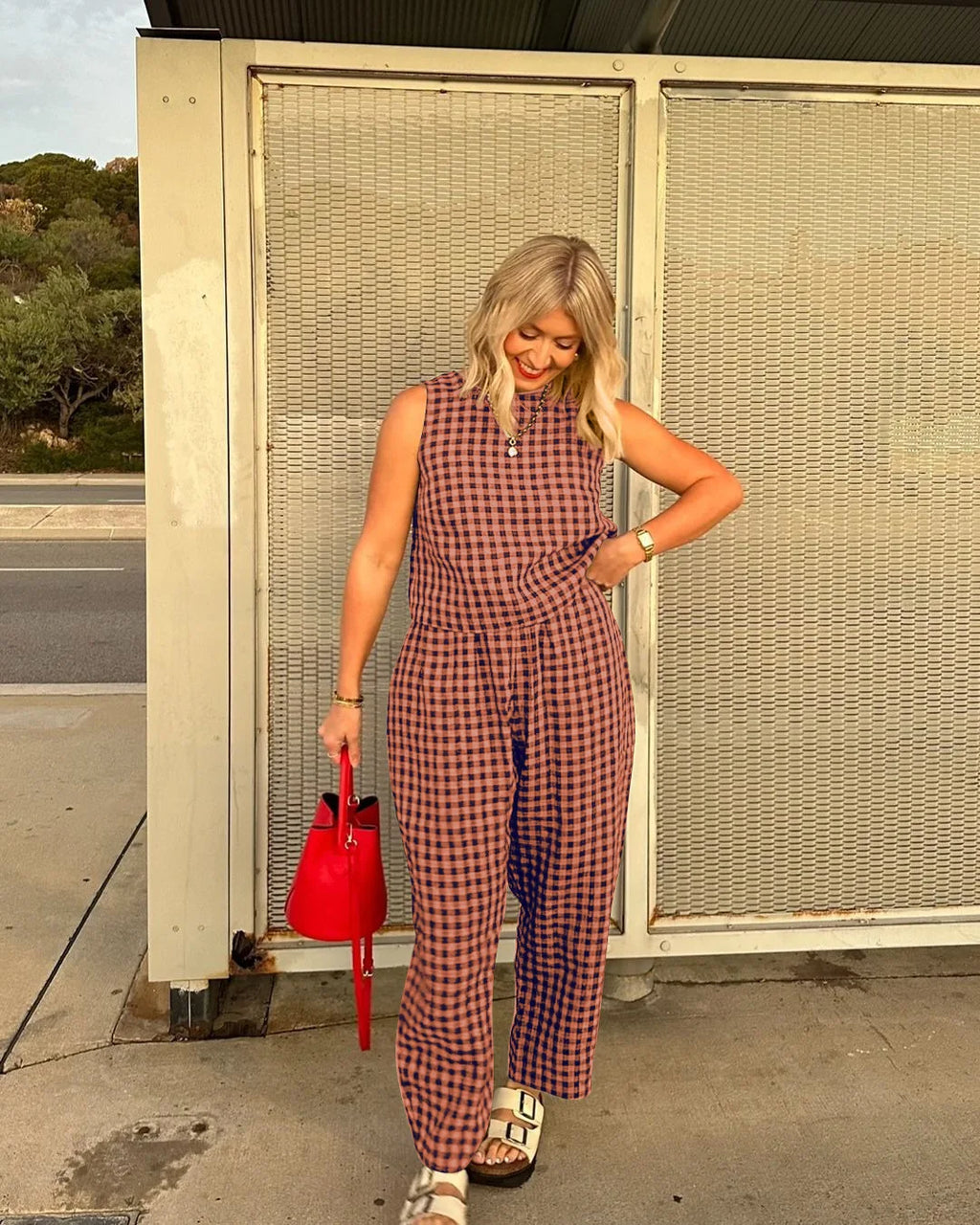 Fashion Women's Pants Set Printed Plaid Sleeveless 2025 Spring Summer Relaxed Vest Nine Point Pants Home Wear Female 2 Piece Set