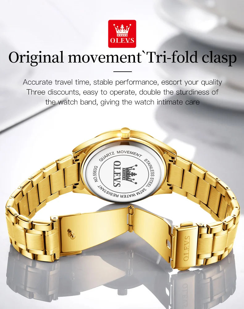OLEVS Luxury Gold Couple Watches Stainless Steel Original Quartz Watch for Lover Waterproof Luminous Date Week Trend Dress New