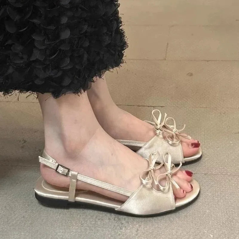 Flats Women Sandals Bow Designer Shoes Woman Slippers Summer 2025 New Casual  Walking Slides Fashion Dress Sandalias De Mujer