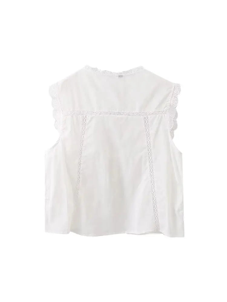 Women's Lace Embroidery Blouses, O Neck, Sleeveless, Front Tied, Female Shirts, Chic Tops, Fashion