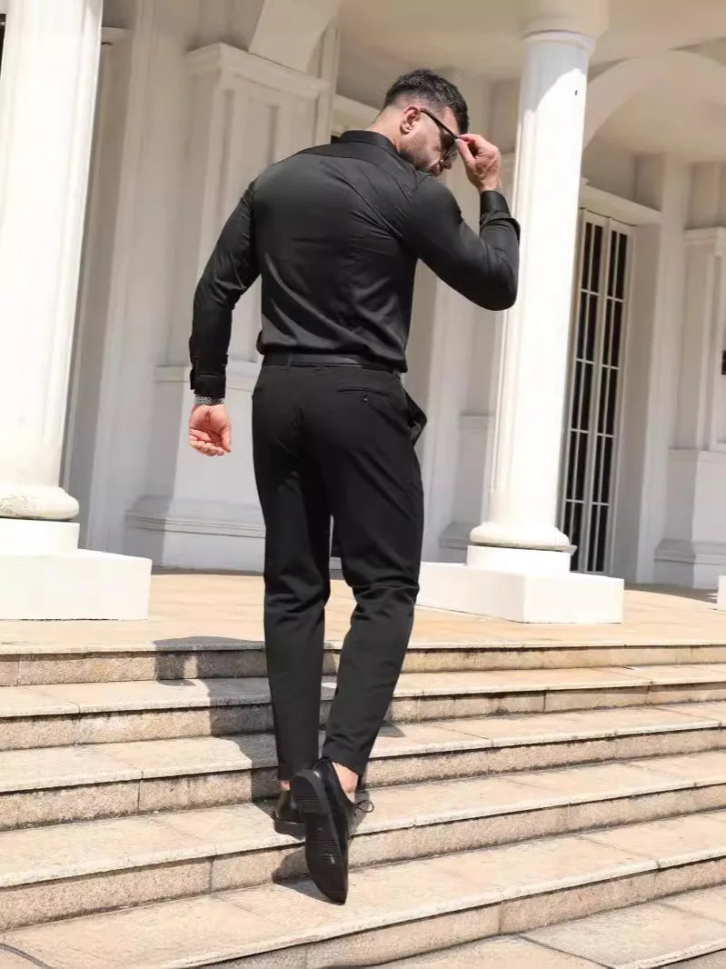 Men's formal shirt, summer long-sleeved, thin, business casual, breathable, no-iron, slimming, solid black color