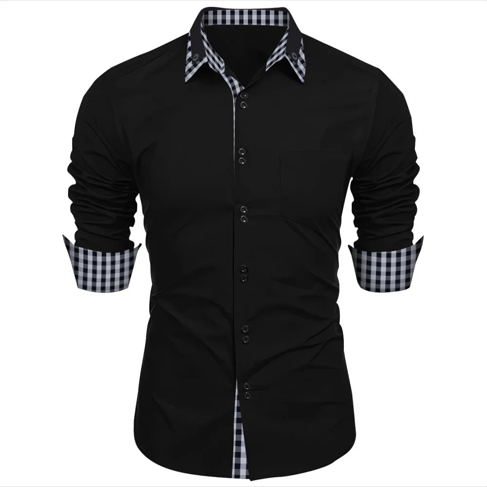 New men's shirt - traditional long-sleeved double-breasted plain-colored loose-fitting office shirt - men's business casual top