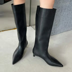 Pointed Toe Women High Boots Leather Fashion Sexy Heels Shoes Woman  Trend New Snow Boots Low Heels Elegant Goth Mujer Botas