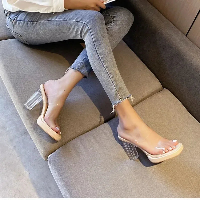 Women's High Heels 2025 Summer New Table  Line Not Tired Feet Thick Crystal Slippers Women's Shoes