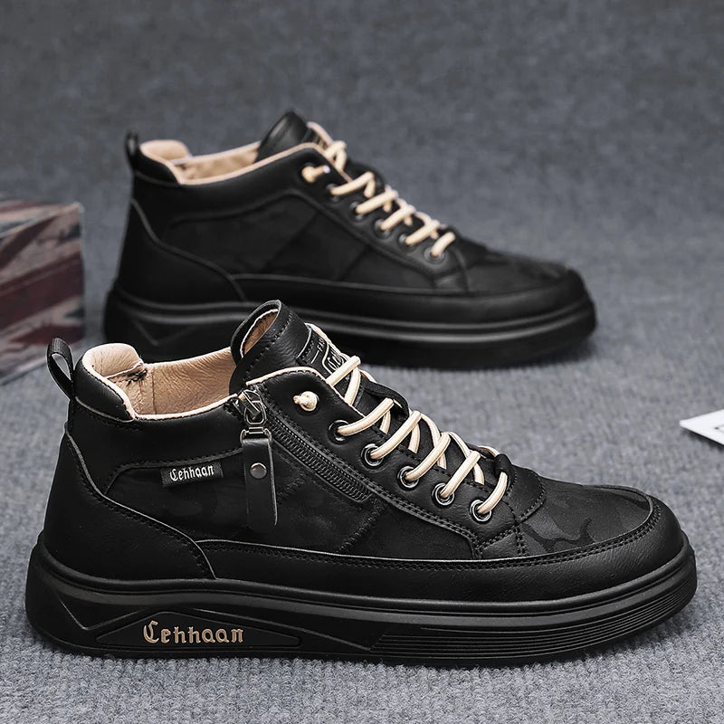 Men's Mid-top Shoes with Simple Solid Color Design Flat Bottom for All Seasons Durable  Anti-slip Lace-up Walking Casual Shoes