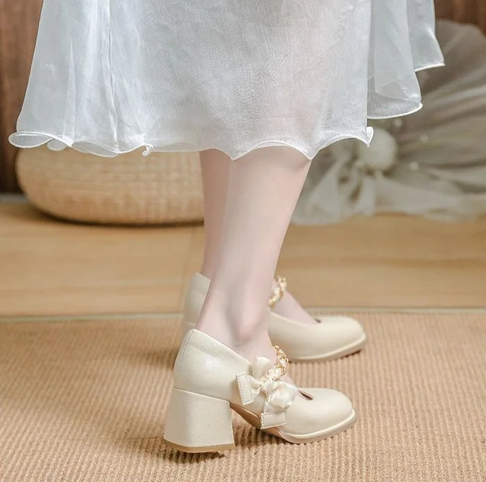 High Heels Shoes for Woman 2024 Pumps Square Toe Gothic Women's Summer Footwear Mary Jane Japanese Style Lolita with Bow White A