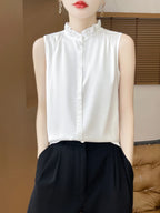 Women's T-shirt Ruffled Stand Collar Sleeveless Tops Loose Spring Summer Solid Tops Innerwear Casual Silk Ladies Tees Undershirt
