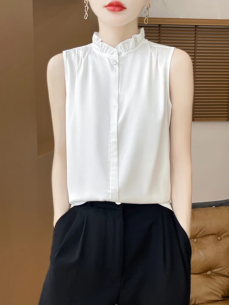 Women's T-shirt Ruffled Stand Collar Sleeveless Tops Loose Spring Summer Solid Tops Innerwear Casual Silk Ladies Tees Undershirt