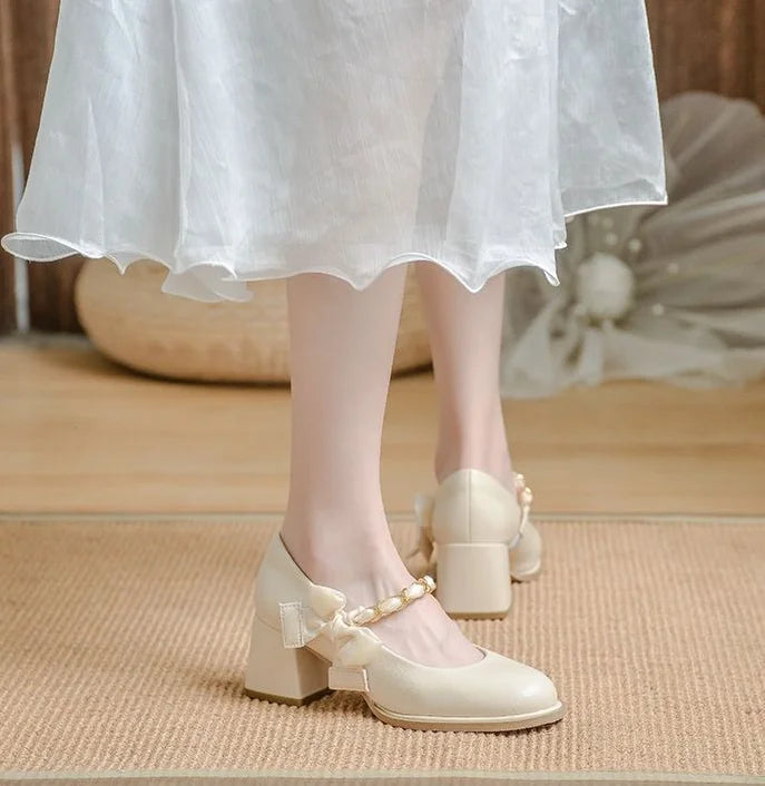 High Heels Shoes for Woman 2024 Pumps Square Toe Gothic Women's Summer Footwear Mary Jane Japanese Style Lolita with Bow White A