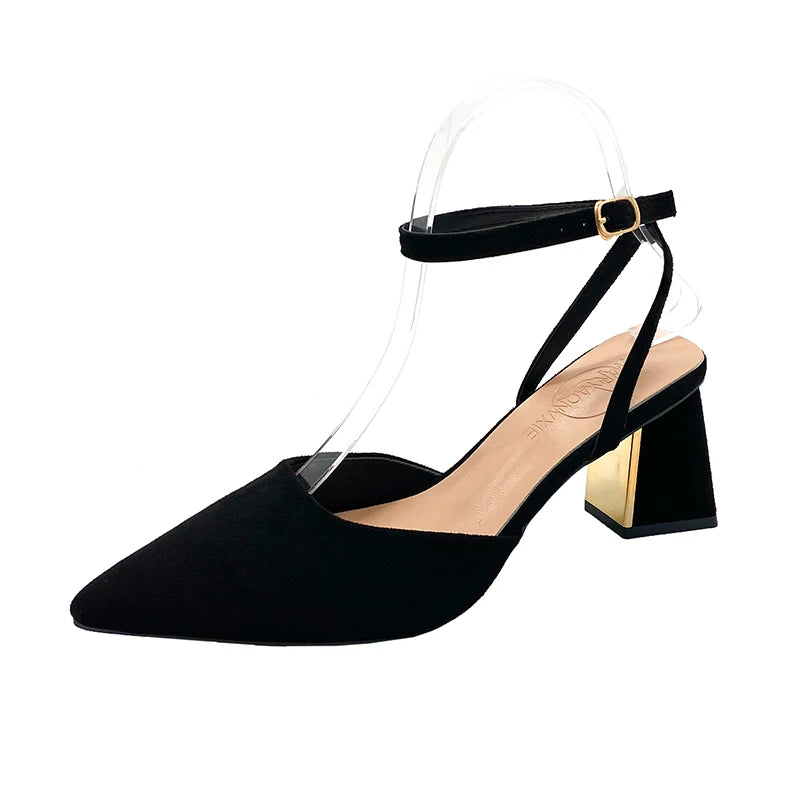 2025 Sandals for Woman Pointed Toe Chunky Footwear Closed Thick Heel Summer Block High Heels Heeled Pumps Women's Shoes Korea