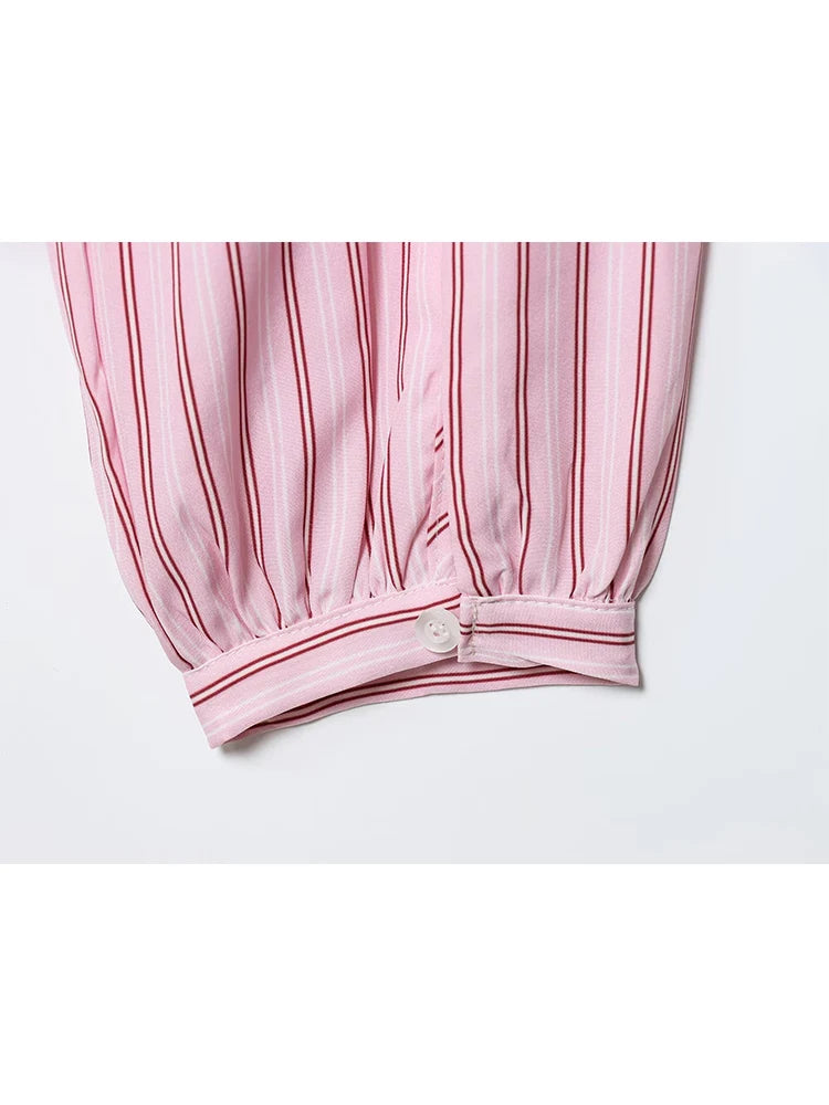 Women Striped Printed Lace-Up Shirt With Bow New Puff Long Sleeves V-Neck Hollow Out Blouses Sweet Ladies Fashion Tops