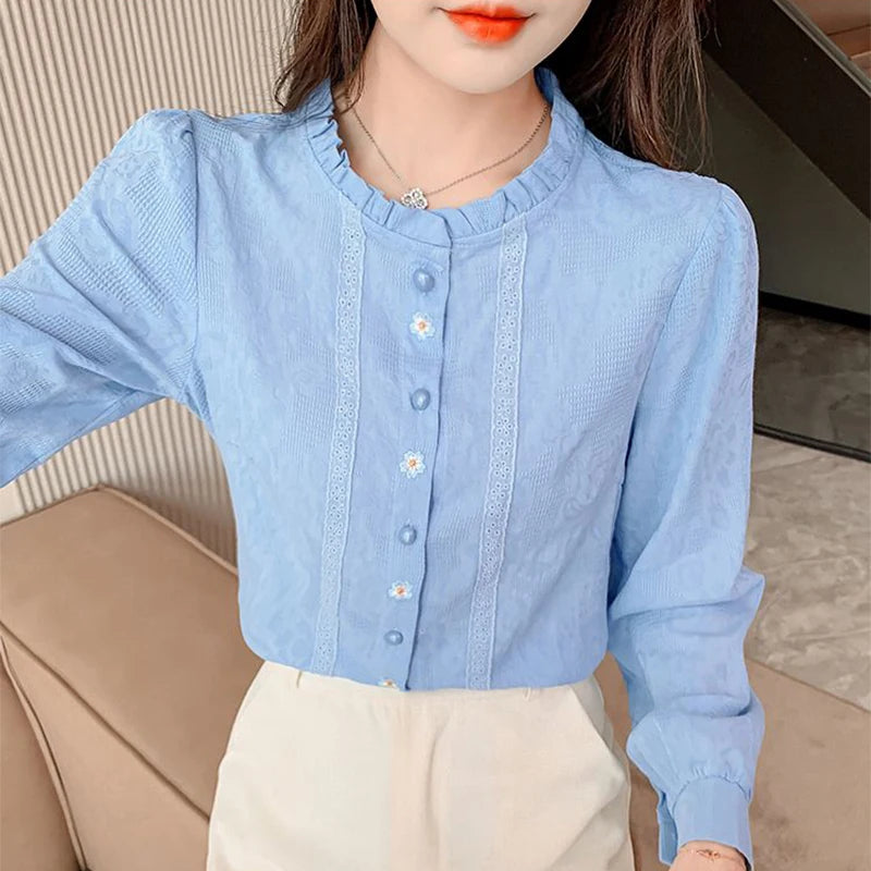Woman's Embroidery Cotton Long-Sleeved Shirt New Stand Collar Stitching Ruffled Shirts Female Temperament Age-Reducing Thin Top