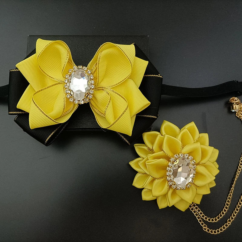 Wedding Bow Tie Corsage Men's Business Banquet Concert Suit Shirts Accessories Jewelry High-end Crystal Collar Flower Brooch Set